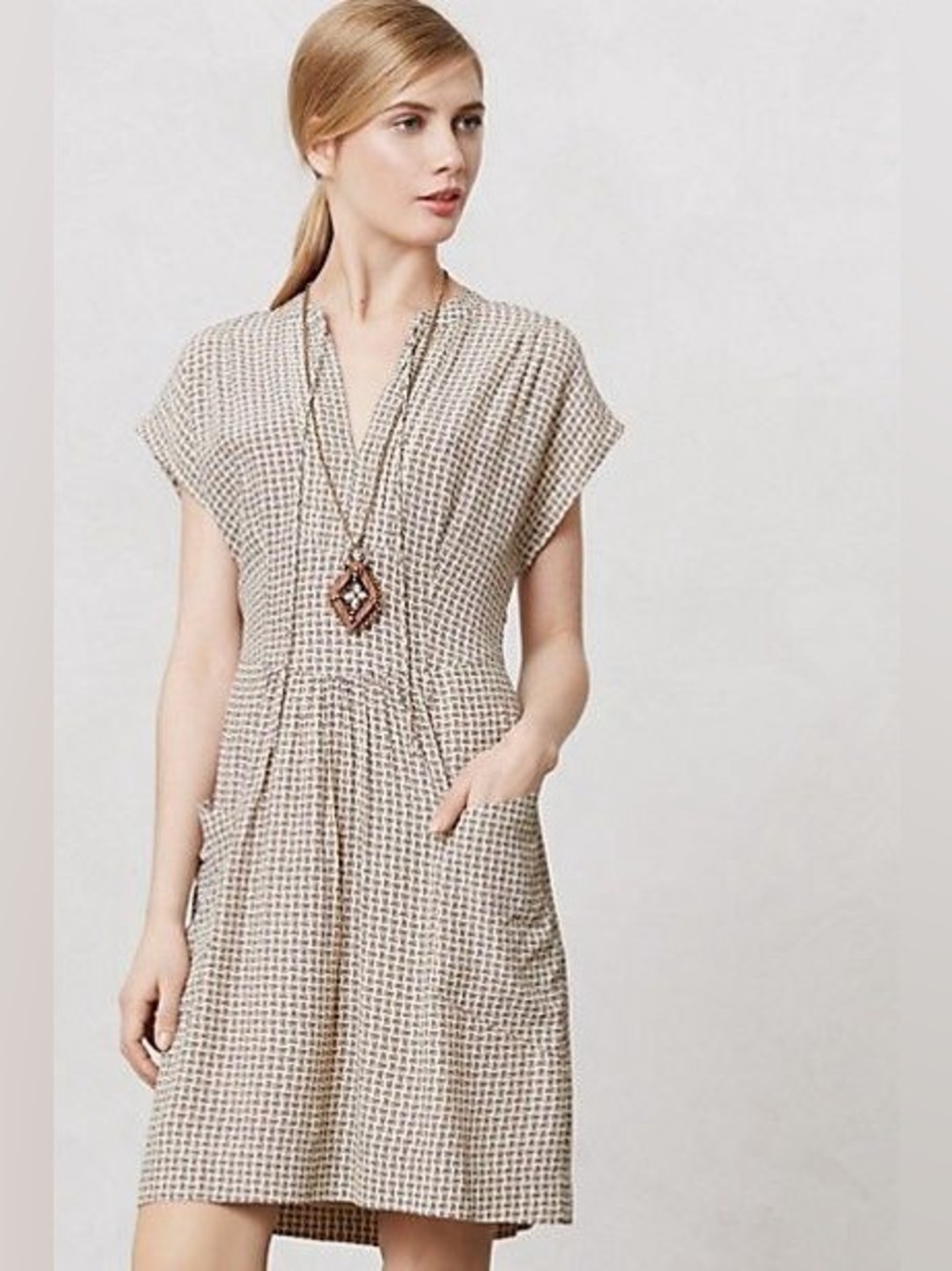 ANTHROPOLOGIE | LIE “Love” Beige Check V-Neck Short Sleeve Midi Dress